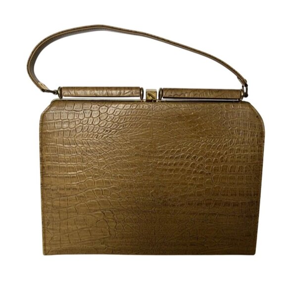 Vintage Crocodile Bag 1950s Green Featherlite Retro Mod Neutral Granny - Picture 1 of 12